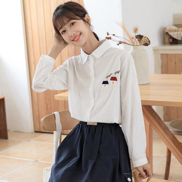 

chic embroidery shirts long sleeve cotton blouse college style mori girl white cute cartoon chemisier women's blouses &