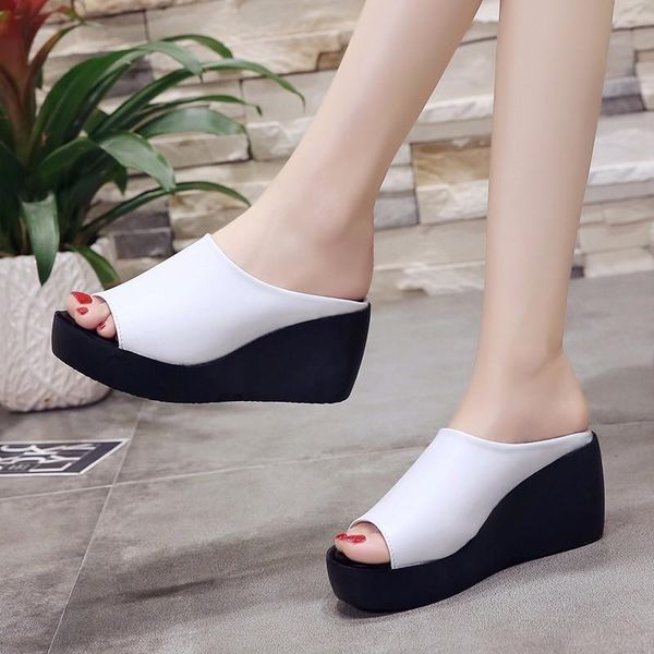

slippers 2021 summer women's wear wedge fish mouth sponge cake thick bottom sandals and, Black