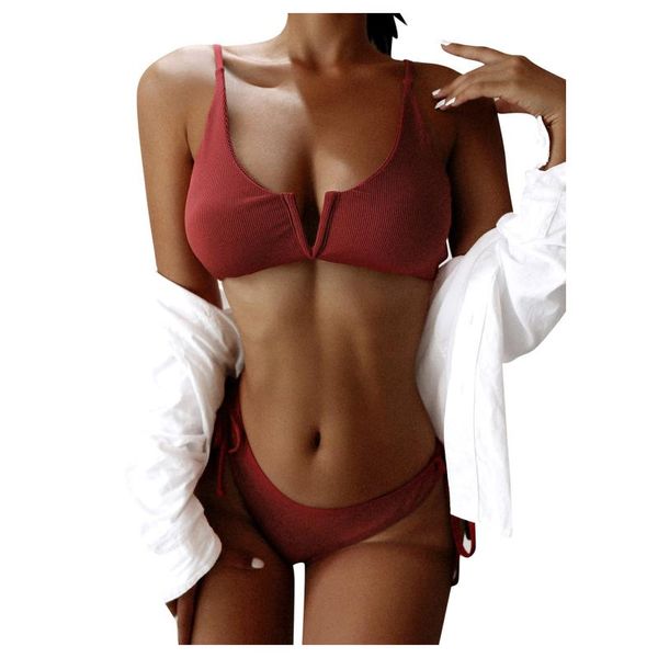 

women's swimwear bandage solid color v-bikini split swimsuit, White;black