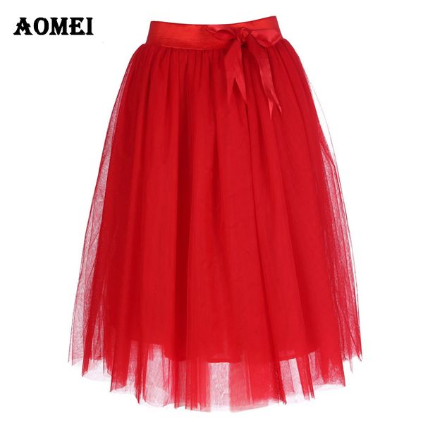 5XL XXL Donne Rosso Tulle Gonna Midi con farfallino Lolita Ladies Elegante Bridal Fashion Gonne Jupe Zipper Vita alta Vita Saia Vestiti 210416