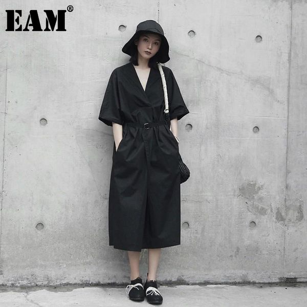 

[eam] women black bandage big size long dress v-neck three-quarter sleeve loose fit fashion tide spring summer 2021 ja693 casual dresses, Black;gray