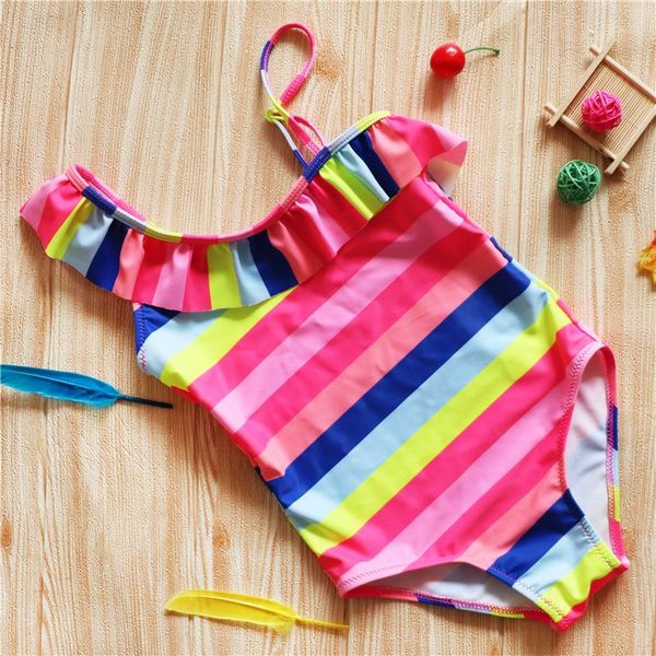

one-pieces girls rainbow swimsuit kids two pieces swimwear striped pattern swimming set for children, Black