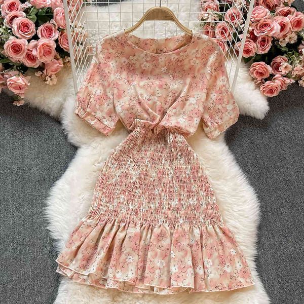 

two piece dress casual women summer floral 2021 fashion korean o-neck short sleeve pleated elastic ruffles chiffon female clothing, White