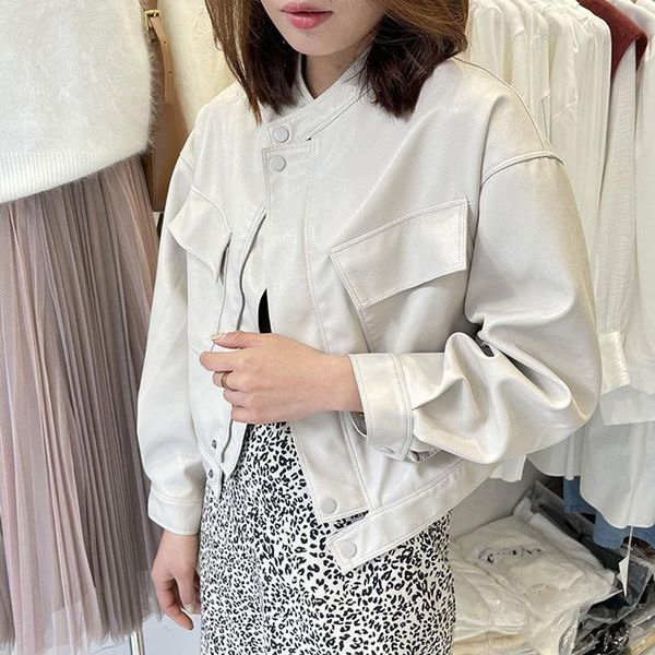 

women's leather & faux motorcycle pu jacket women autumn slim european style casual short outwear biker basic 2021 streetwear coat, Black