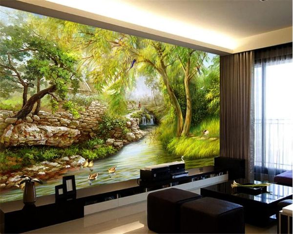 

wallpapers drop large wallpaper riverside weeping willow landscape hand-drawn painting wall sticker home decoration