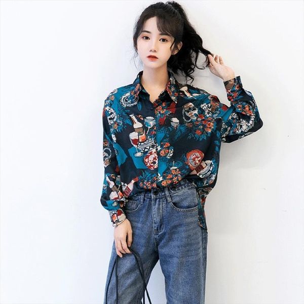 

fashion vintage lapel personality women shirt print loose long sleeve and blouses, White