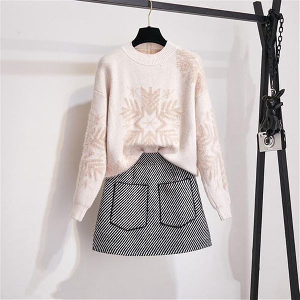 

two piece dress 2021 autumn winter 2 pieces set women suits long sleeve christmas snow knitted sweater pullover + twill skirt, White