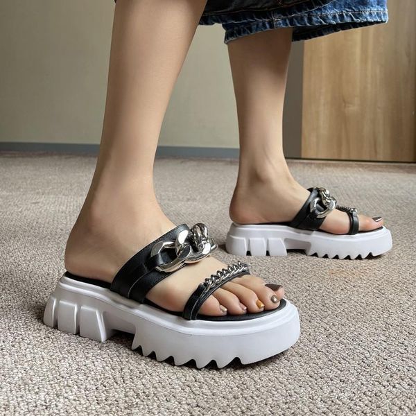 

slippers women summer platform casual flats 2021 open toe genuine leather middle wedges heels gothic punk chain female slides, Black