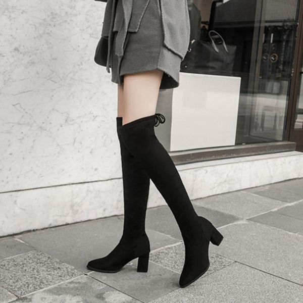 

boots women over the knee 2021 autumn winter woman solid thick heel pumps ladies pointed toe shoes female outside footwear, Black