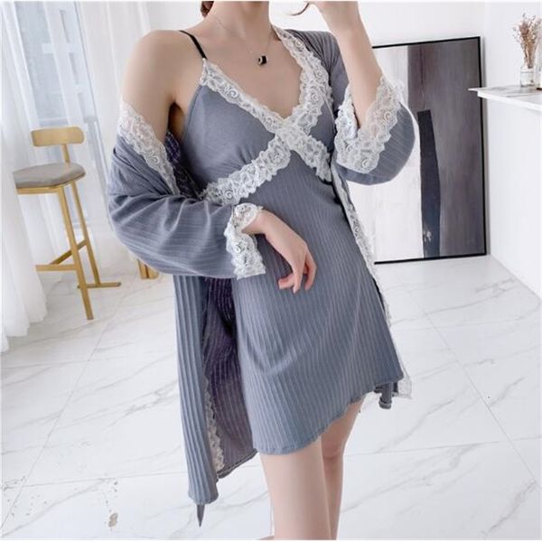 

pyjamas fdfklak bathrobe for women two pieces set spring autumn cotton robe female sleepwear lounge bath robes lace dressing gowns ku8u, Black;white