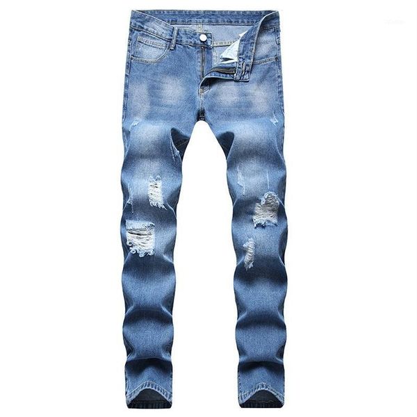 

men's jeans ripped slim fit 2021 non-stretch youth straight denim trousers trend men designer for spring and autumn, Blue