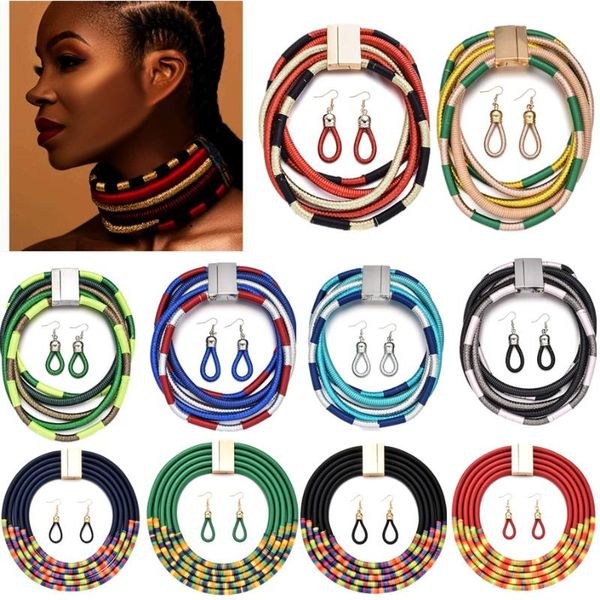 Ethnische Kleidung Afrikanische Multilayer-Choker-Halsketten-Ohrringe Frauen-Latzkragen-Statement-Halskette Seil-Magnetismus-Knopf Boho-Schmuck S