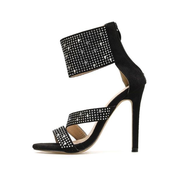 

diamond studded open toe fine high heel 11cm sandals 36-42 yards women shoes, Black