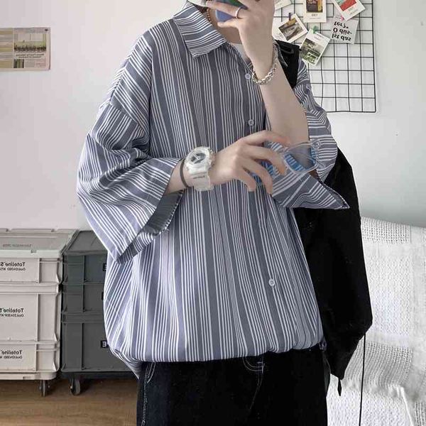 

men's casual shirts summer short-sleeved fashion men streetwear korean loose striped mens dress -3xl o18f, White;black