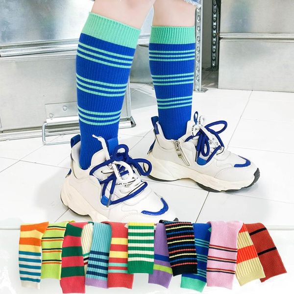 

footies kids knee high socks spring summer toddler children cotton long rainbow sock girl boy school baby fashion stripe stockings, Blue