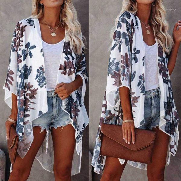 

women's blouses & shirts womens flowy kimono cardigan open front dress printed chiffon blouse loose lady sun protection ropa de mujer, White