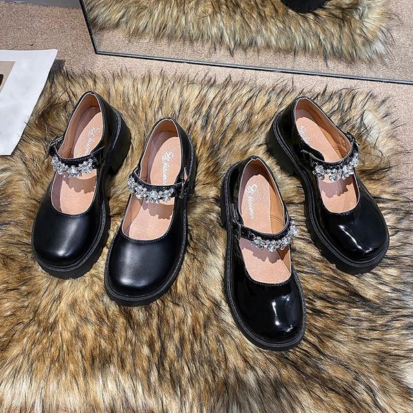 

dress shoes lucyever classic black crystal platform women patent leather thick square heels mary janes woman ankle buckle autumn