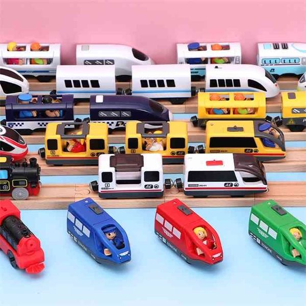 

kids electric train wooden track magnetic slot diecast railway with two carriages wood toy fit brio tracks