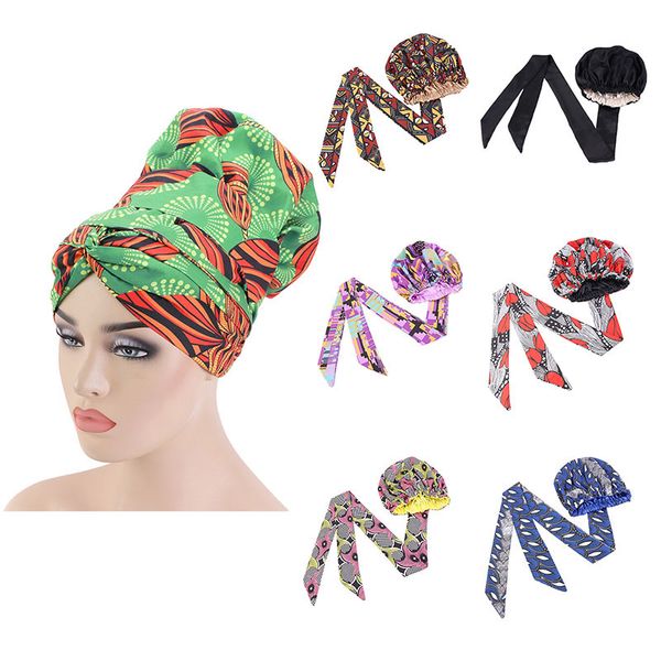 2021 150PCS Afrikanische Druck Satin Motorhaube Mit Langem Band Doppel Schicht Headwrap Ankara Muster Frauen Haar Abdeckung Große größe Wrap Kappe