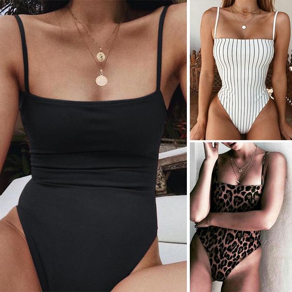 

two-piece suits reversible leopard/solid/stripe bandeau one-piece bodysuit monokini female high cut thong swimwear women one piece swim