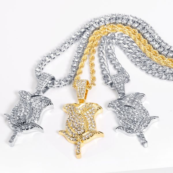 

2PCSNew Bling Rhinestone Rose Petals Pendant Necklace For Women Tennis Chain Necklace Men 2022 Fashion Flower HipHop Jewelry Gift
