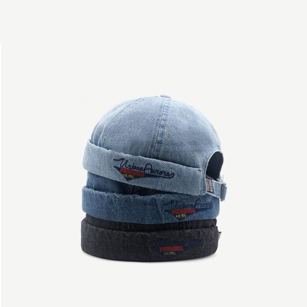 

beanies washed denim men hat women docker cap beanie sailor worker rolled cuff brimless adjustable embroidery hiphop harajuku casual