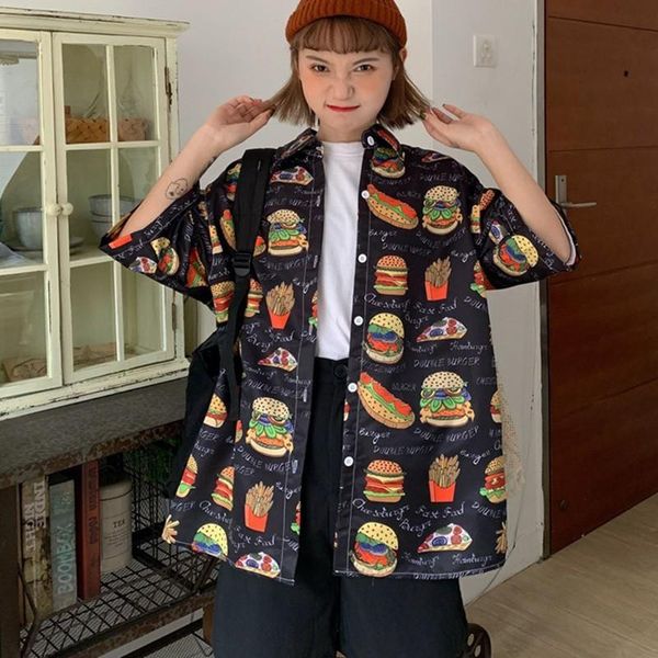 

women harajuku retro print shirts summer ladies loose turn-down collar streetwear vintage blouses women's clothing &, White