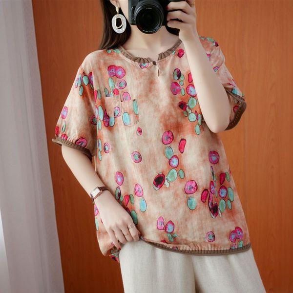 

women cotton linen casual t-shirts new arrival summer simple style vintage print loose comfortable female tees s3576 210412, White