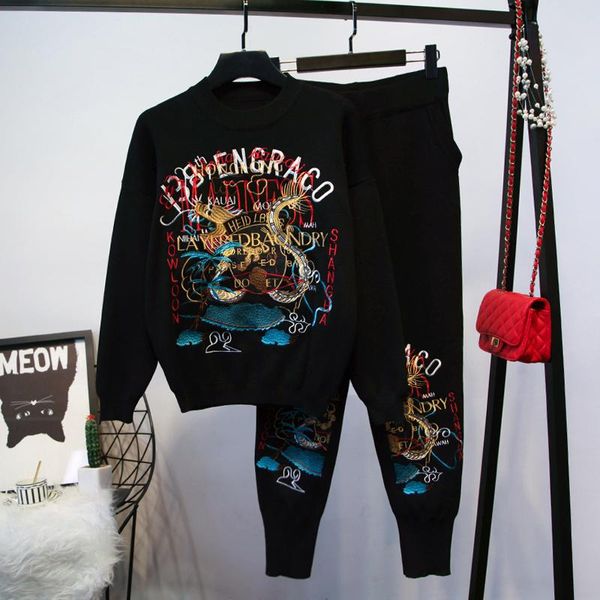 

women's two piece pants fashion 2021 fall winter designer stylish suit set embroidery letter sweater, White