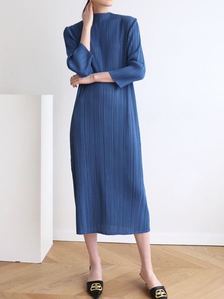 

dresses spring and autumn women's half high neck miyak fold basic pleated fashion solid color plus size slim midi dress tied, Black;gray