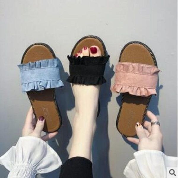 

slippers women's summer 2021 sweet bow lace flat open toe fashion slipper wear cool, Black