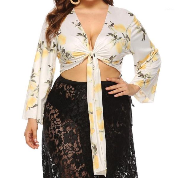 

women's tanks & camis yfashion women short cardigan over size deep v neck ribbon floral printing long flare sleeve 1 9r42, White