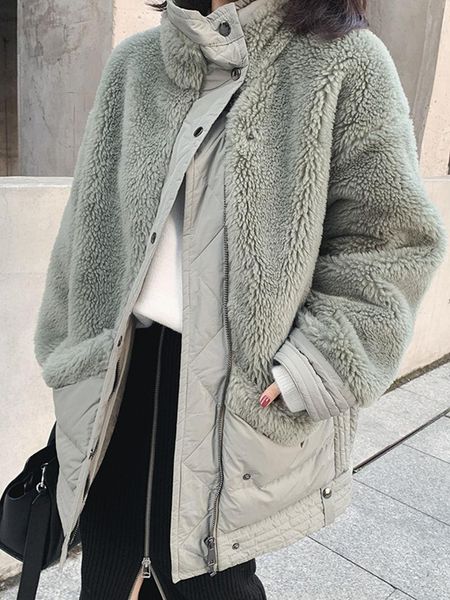 

women's trench coats lambs wool stitching winter jacket women stand collar long parkas thicken warm cotton parka mujer coat c5653, Tan;black