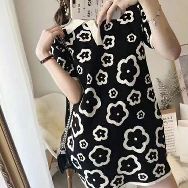 

knitted ice silk tshirt dress for women 2021 summer fashion y2k floral print french buttons mini vestido feminino casual dresses, Black;gray