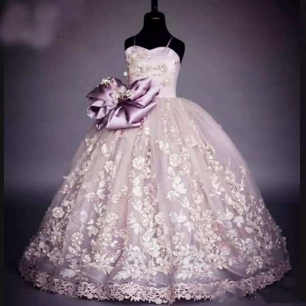 Kızlar için Güzellik Pageant Törenlerinde Çiçek Kız Elbise Balo 3D Dantel Aplikler Communion Elbiseler Robe Büyük Yay Ile