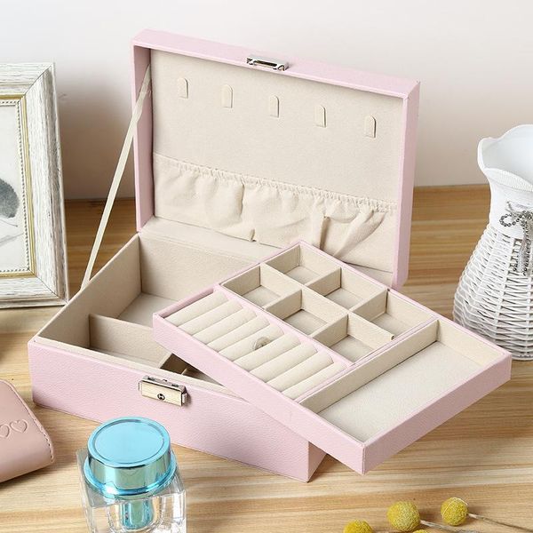 

jewelry pouches, bags 2 big layers box necklace ring earrings holder casket organizer display travel case boxes, Pink;blue