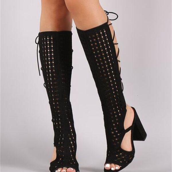 

boots career patch back women lace-up from knee cane high ladies peep toe gladiator leap robust summer iaa1, Black