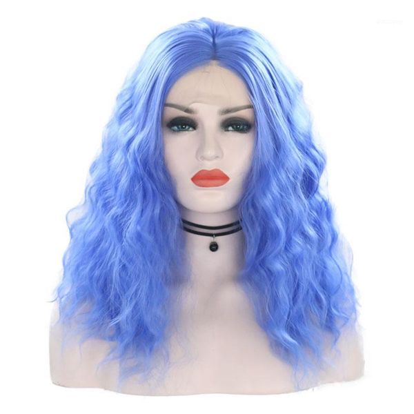 

royal blue synthetic lace front wig for women loose curly bob heat resistant short hair half hand tied wigs1, Black