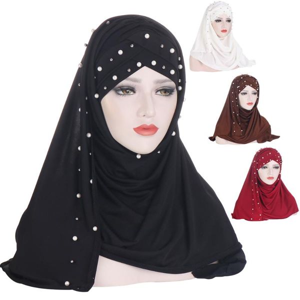 

ethnic clothing pearl beaded decor forehead cross headwrap hijabs solid color muslim women jersey headband on the head hair turban headscarf, Red