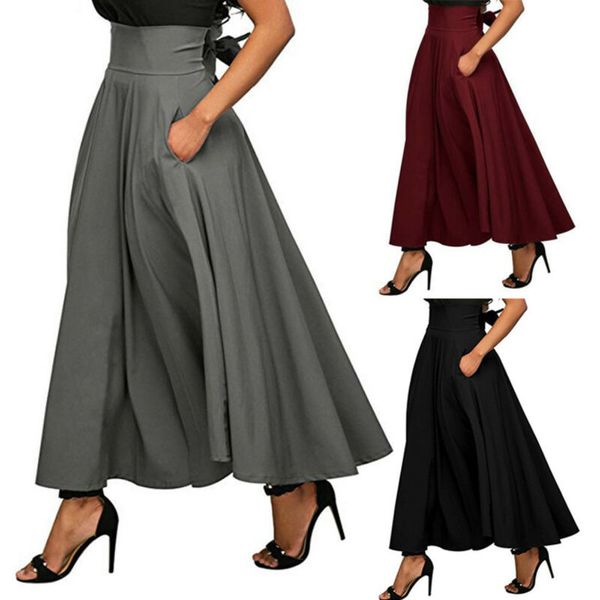 

womens skirts high waist solid color pleated stretch plain skater flared long skirt autumn women dresses, Black