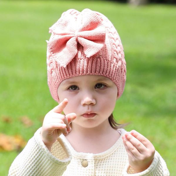 

beanies winter bow knitting hats for born baby solid color warm round twist cap girls kid bonnet 2021