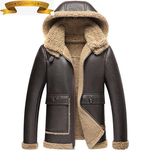 

men leather jacket genuine clothing 2021 winter real fur coat hooded sheepskin shearling jackets for 903 kj7180 men's & faux, Black