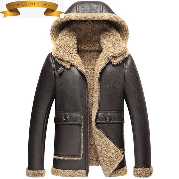 Homens Casaco De Couro Vestuário Genuíno 2021 Inverno Casaco de Pele Real Capuz Capuz Capetos De Shearling Para 903 KJ7180 Homens Faux