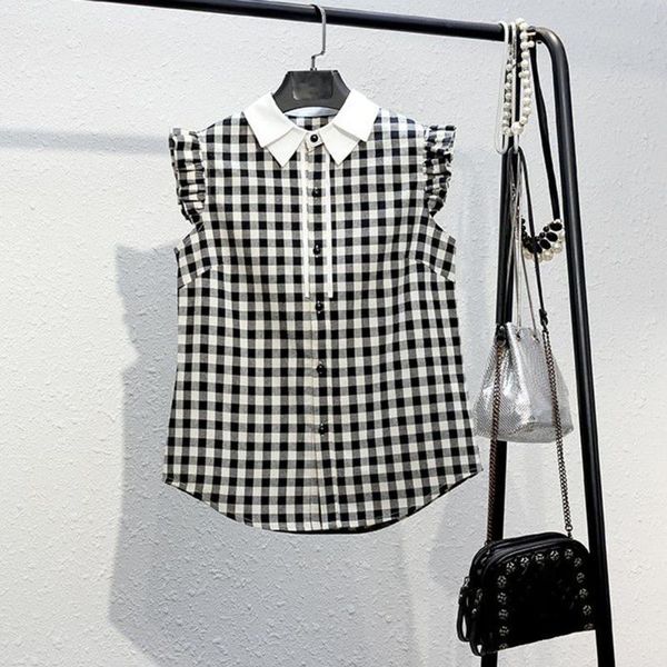 

women's blouses & shirts 2021 summer japanese style blouse lattice casual loose lapel sleeveless single-breasted fashion simplicity, White