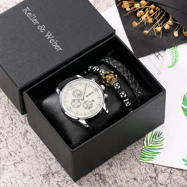 

wristwatches fashion men's watch bracelet set white quartz roman numeral dial leather strap elastic adjustable braided bracelets gift f, Slivery;brown