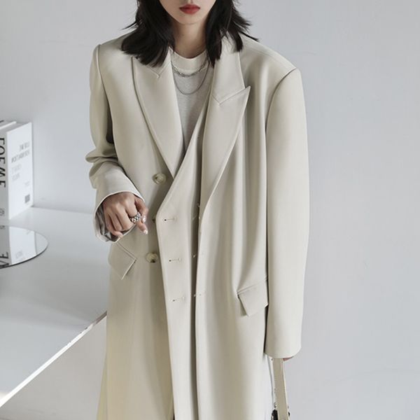 

women's trench coats [ewq] korea chic black blazer windbreaker women autumn notched oversized long sleeve suit coat outwear 94p0, Tan;black