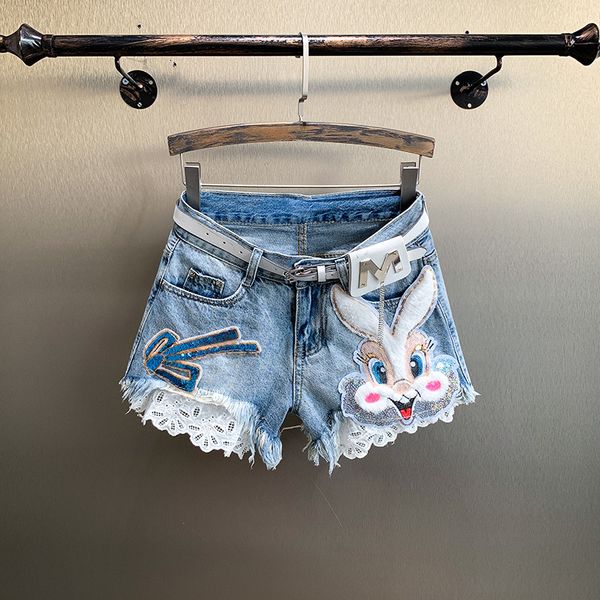 

jeans european station for cartoons rabbit denim female shorts loose ins2021 in a straight line and thin long leg pants trend, Blue