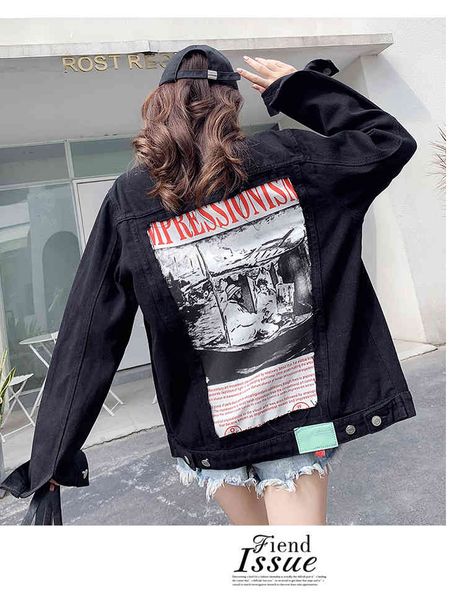 

2021 new spring women outerwear black denim cool back abstract pattern&letter print oversize coat high street jean jacket, Black;brown