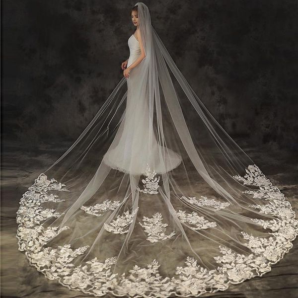 

bridal veils white wedding long lace edge flower appliqued cathedral length veil with comb 3meters velo de novia, Black