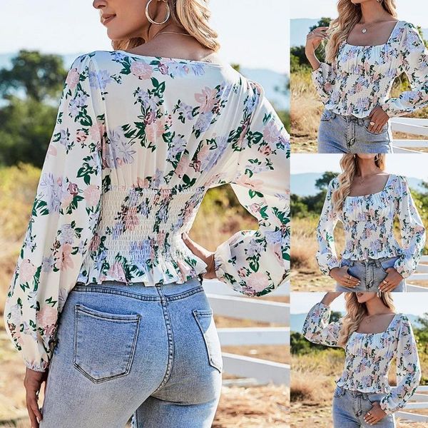 

women summer square neck slim casual party clubwear bubble long sleeve crops floral printing blouses m7dd women's t-shirt, White